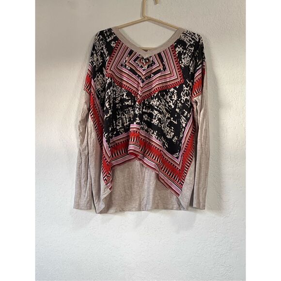Cabi Long Sleeve Printed Silk Contra Top M Beige Black Red V-Neck Loose 768 - Picture 1 of 4